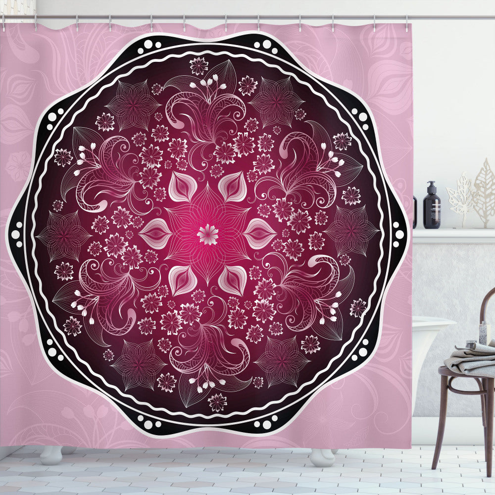 Classic Baroque Shower Curtain in Purple Mandala, Baby Pink, Maroon, and Black