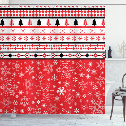 White and Red Christmas Geometric Snowflakes Shower Curtain