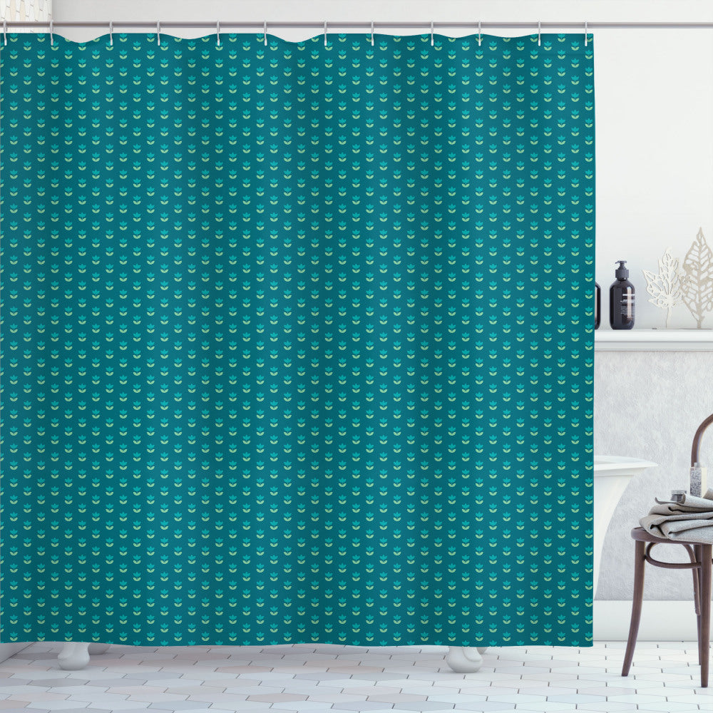 Symmetric Minimal Tulips Floral Shower Curtain in Petrol Blue, Dark Seafoam, and Pistachio Green