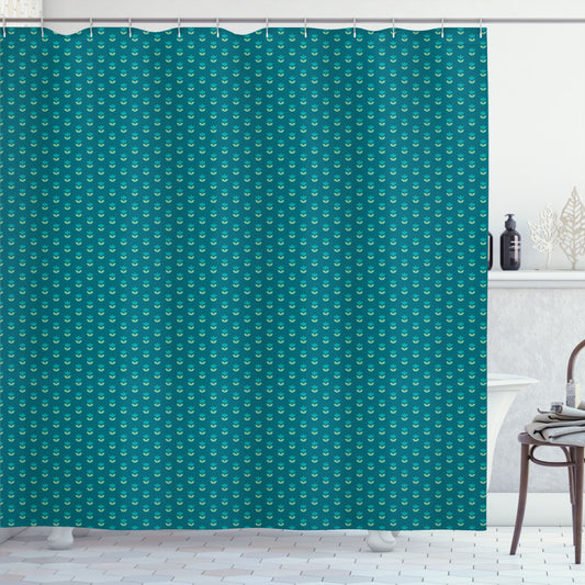 Symmetric Minimal Tulips Floral Shower Curtain in Petrol Blue, Dark Seafoam, and Pistachio Green