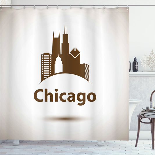 Chicago Skyline Inspired Urban Retro Shower Curtain in Chocolate and Eggshell