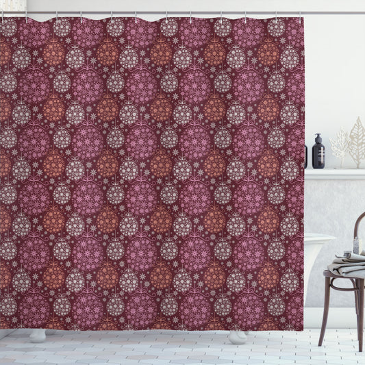 Winter themed Christmas Bauble Shower Curtain in Pale Orange, Dried Rose, and Maroon