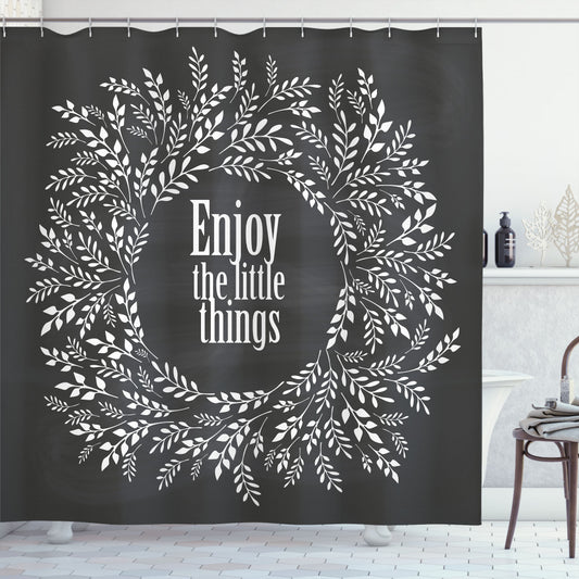 Charcoal Grey and White Wreath Shower Curtain with 'Enjoy the Little Things' Phrase