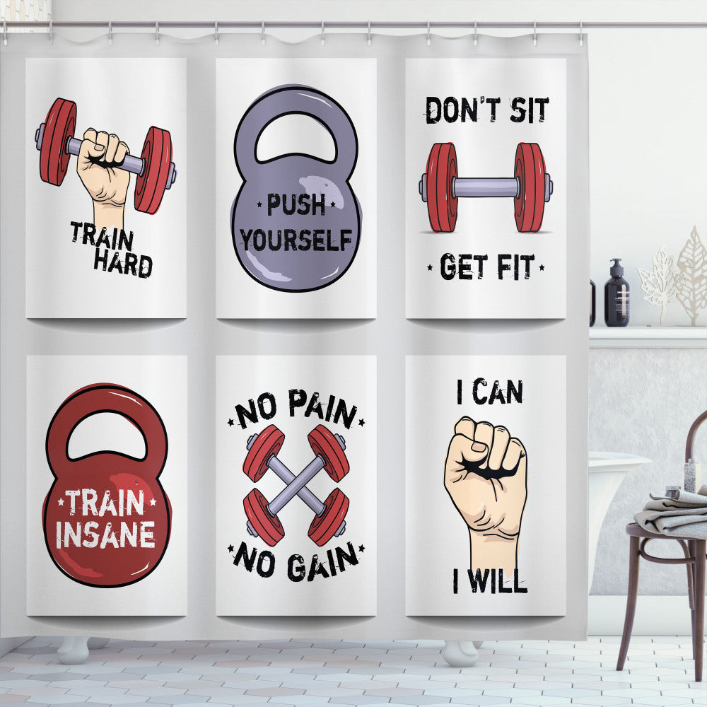 Cartoon Motivational Fitness Shower Curtain in Black, Grey, and Red