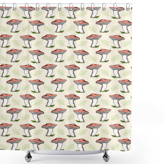 Vintage Forest Leaves Shower Curtain featuring Mushroom, Coral, Cream, and Green