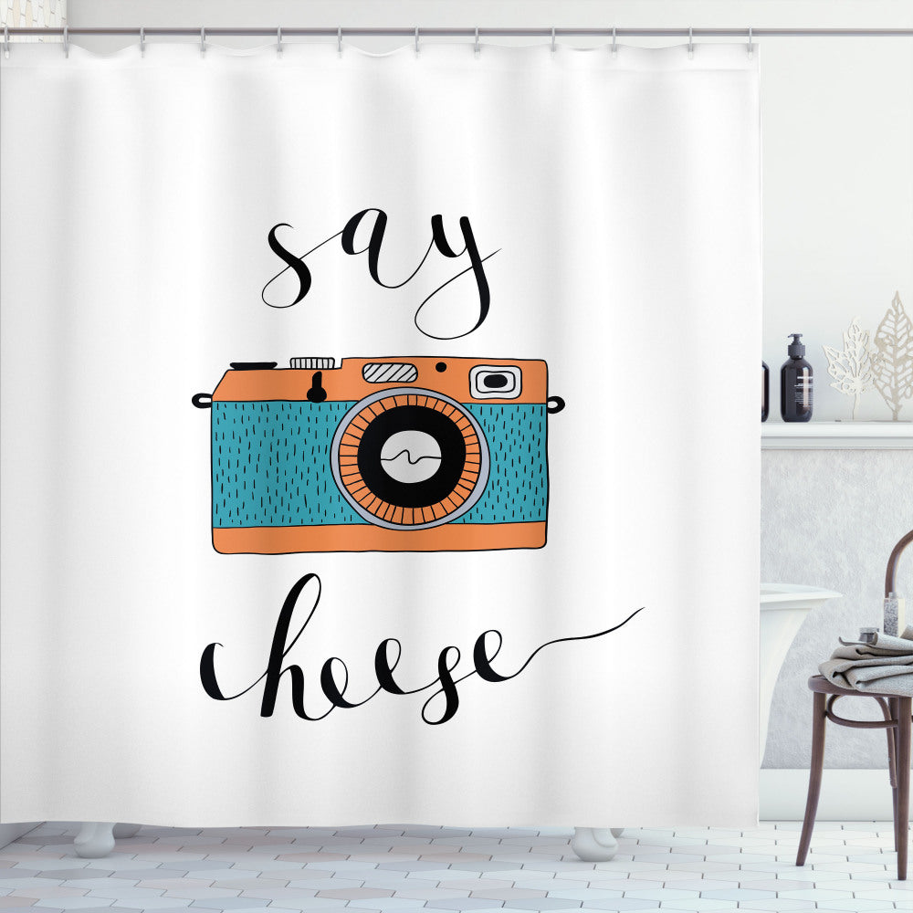 Camera, Salmon, White, Black, and Teal Say Cheese Lettering Photo Shower Curtain