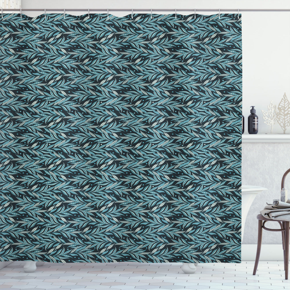 Botanical Fusion: Oriental Leaves and Flowers Shower Curtain in Dark Night Blue, Sea Blue, Ivory, and Dark Cadet Blue