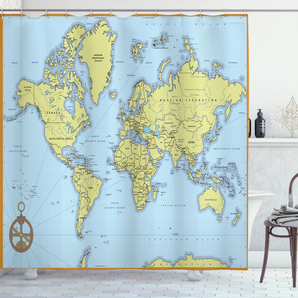 World Map Inspired Adventure Detailed Shower Curtain in Green and Blue