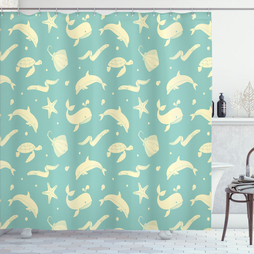 Whimsical Soft Dolphin Turtle Starfish Design on Whales Seafoam Pale Yellow Shower Curtain