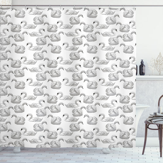 Swan in Sketch Art: Elegant White and Black Waterfowls Shower Curtain