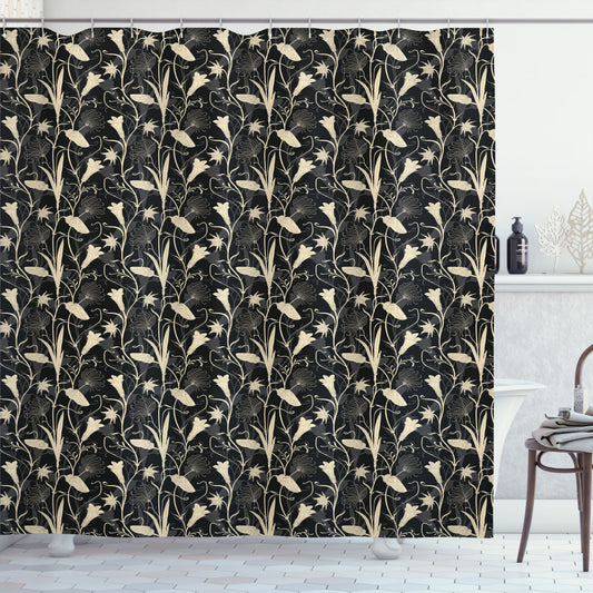 Art Nouveau-inspired Mother Nature Blossoms Shower Curtain in Black and Ivory