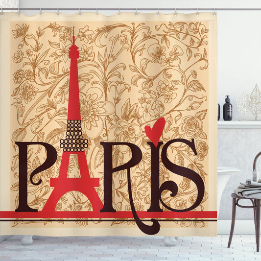 Vintage Paris Eiffel Tower View Shower Curtain in Brown, Ecru, and Red Colors