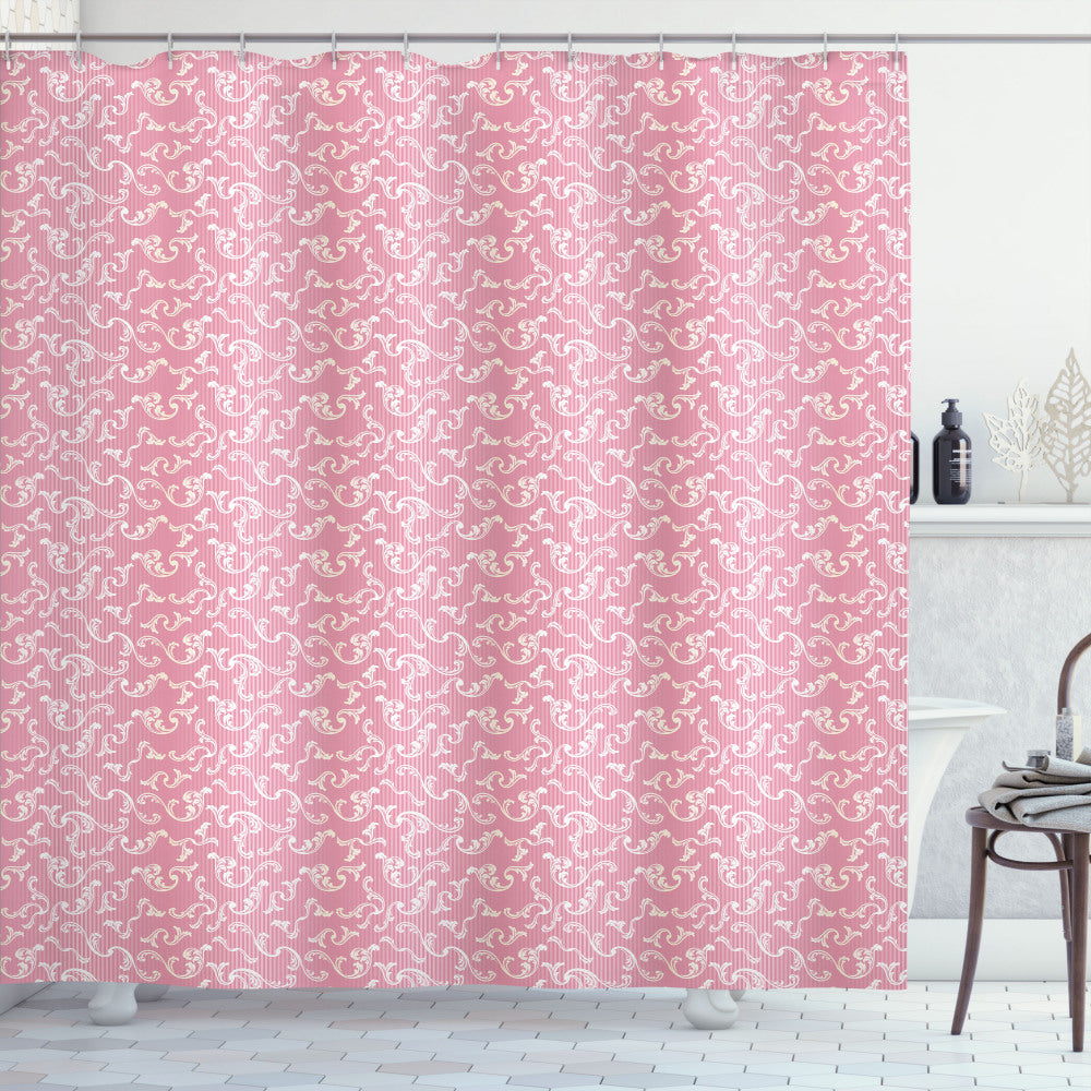 Vintage Eggshell White and Pastel Pink Rose Damask Lines Shower Curtain