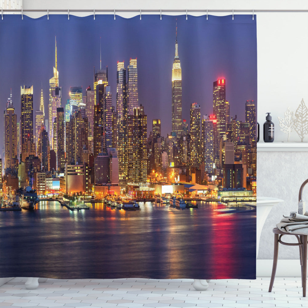 City Love: Multicolor Bath Curtain in Pale Blue, Brown, and White