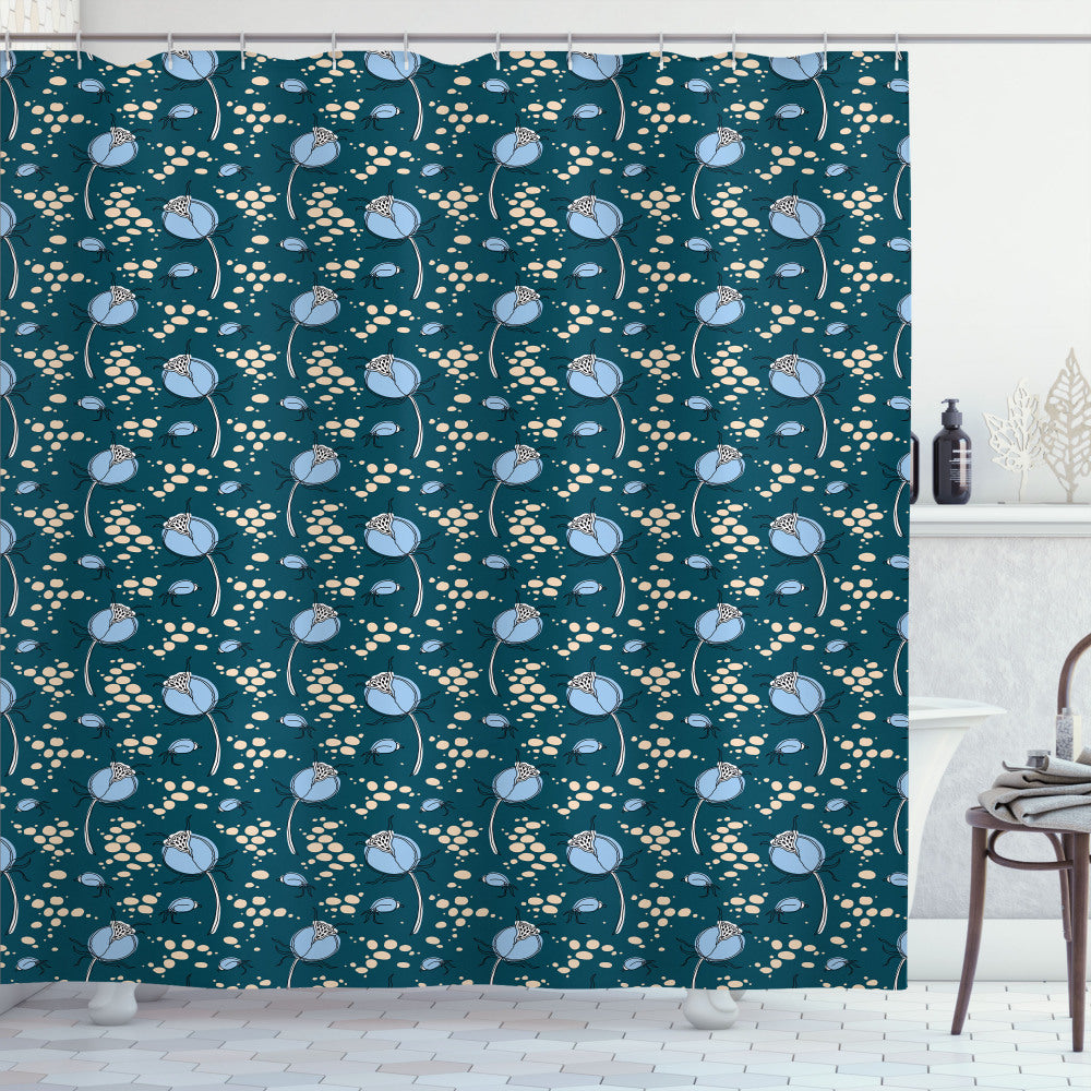 Botanical Dog-rose Buds Shower Curtain in Dark Teal, Pale Sky Blue, Pale Peach, and White