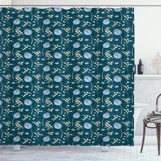 Botanical Dog-rose Buds Shower Curtain in Dark Teal, Pale Sky Blue, Pale Peach, and White