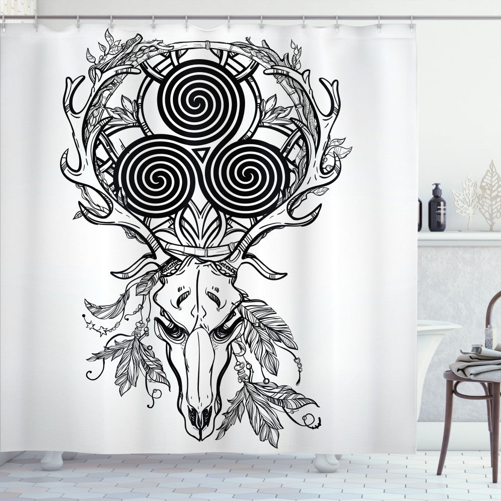 Celtic Deer Skull Feather Boho Shower Curtain in White and Black