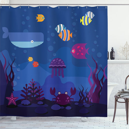 Cartoon Multicolor Blue Aquarium Fish Whale Shower Curtain