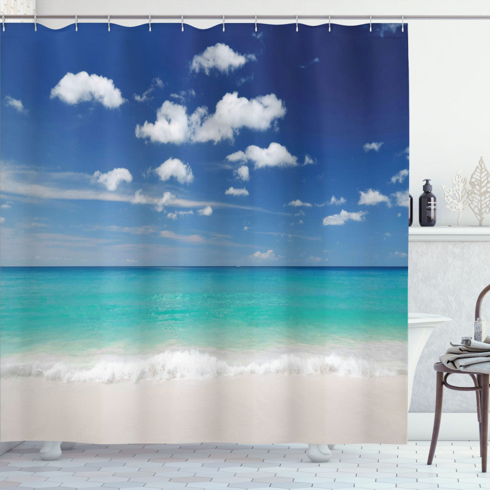 Tropical Paradise: Turquoise, White, and Blue Summer Beach Coast Shower Curtains