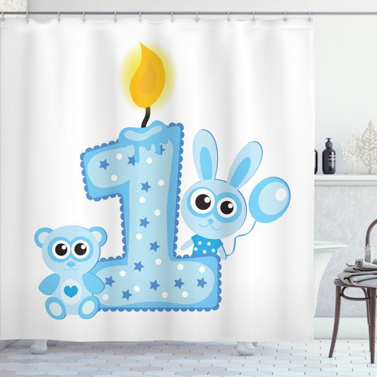 1st Birthday Boys Party Cake Candle - Baby Blue Pale Blue Shower Curtain