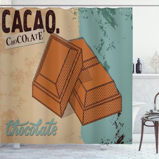 Bath Curtain in Vintage Chocolate Bar Shades: Chocolate, Cadet Blue, Cinnamon, and Tan