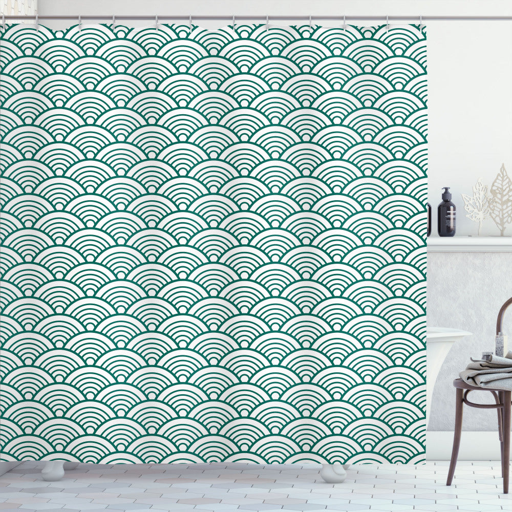 Teal, Jade Green, and White Seigaiha Scales Shower Curtain