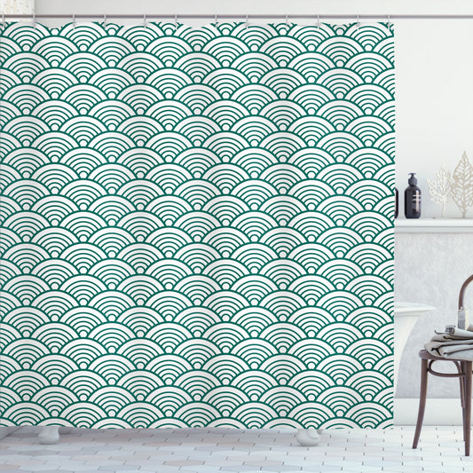 Teal, Jade Green, and White Seigaiha Scales Shower Curtain