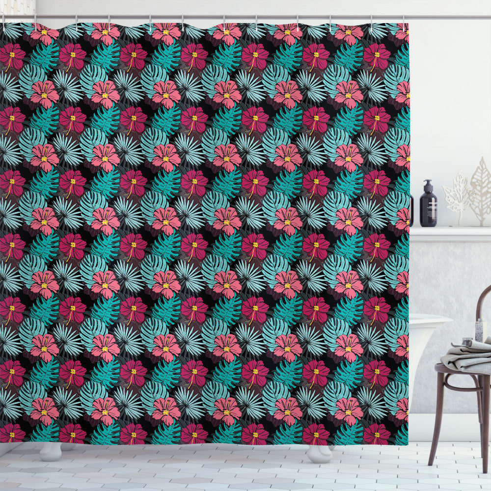 Tropical Multicolor Hibiscus Monstera Leaves Shower Curtain