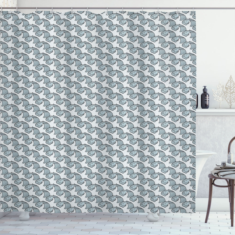 Waves of Baby Blue and Pale Blue on Charcoal Grey - Pastel Tone Sea Doodle Shower Curtain