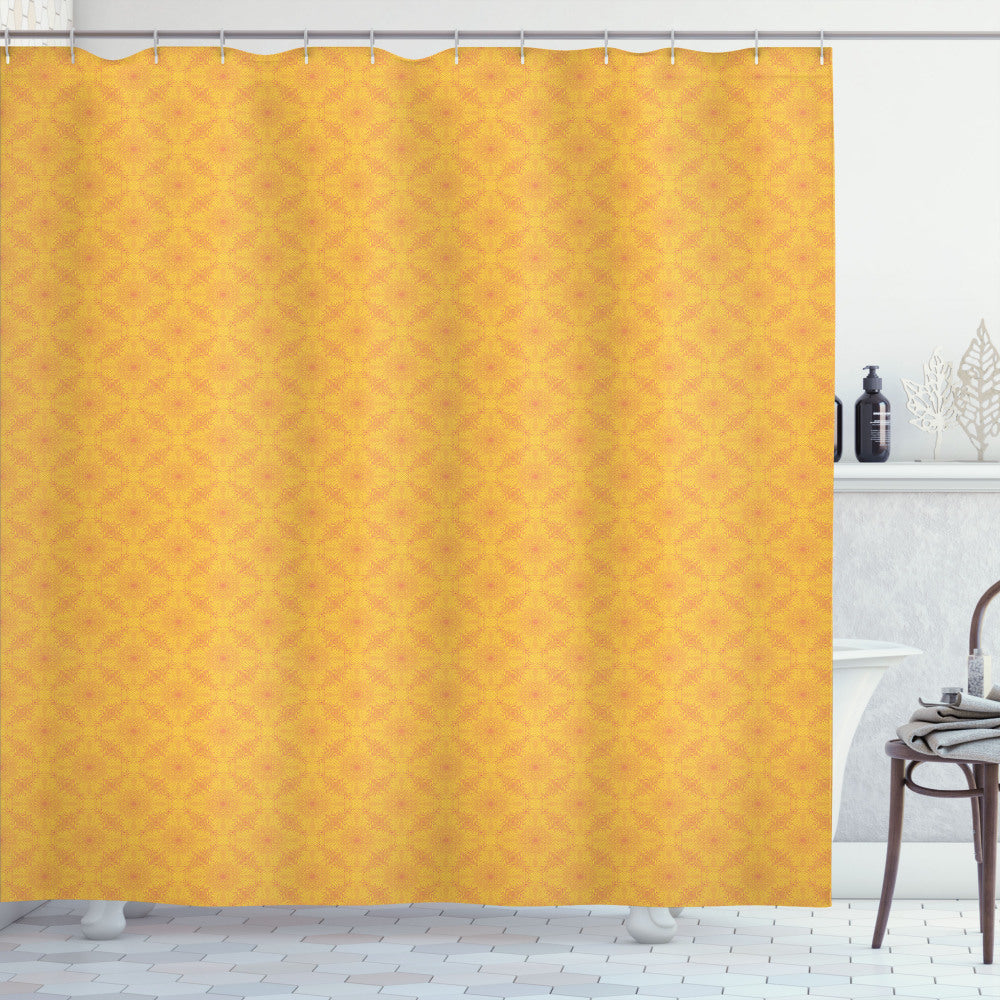 Batik-inspired Floral Sun Mandala Bath Curtain in Earth Yellow and Dark Peach Color Palette