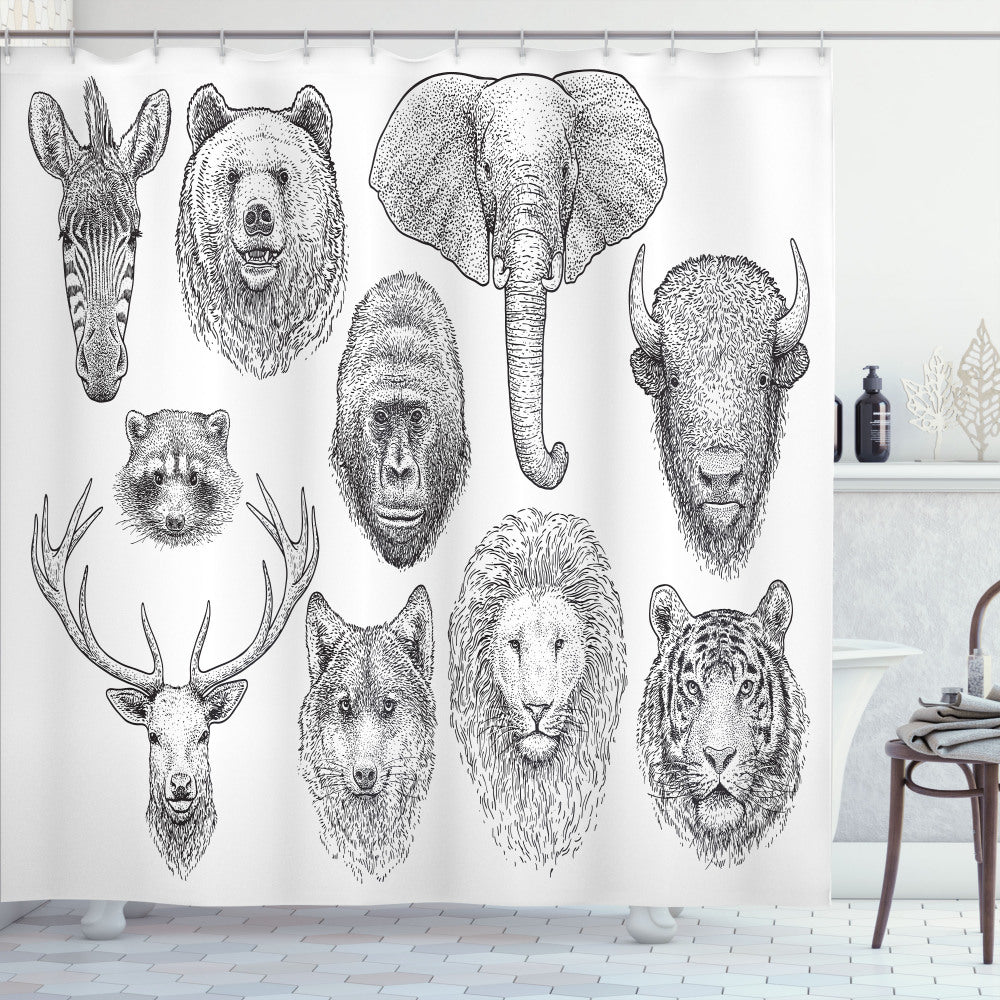 Animal Heads Sketch in Charcoal Grey, White, and Dimgray: An Optimized Composition for Shower Curtain