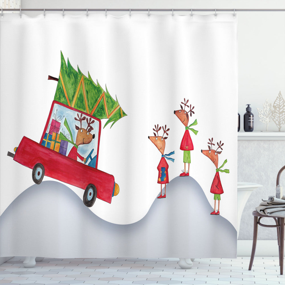 Christmas Reindeer Family Bath Curtain in White and Grey Color Palette