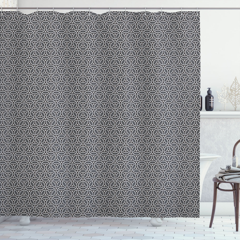 Circular Honeycomb Geometric Bath Curtain in White, Black, and Grey