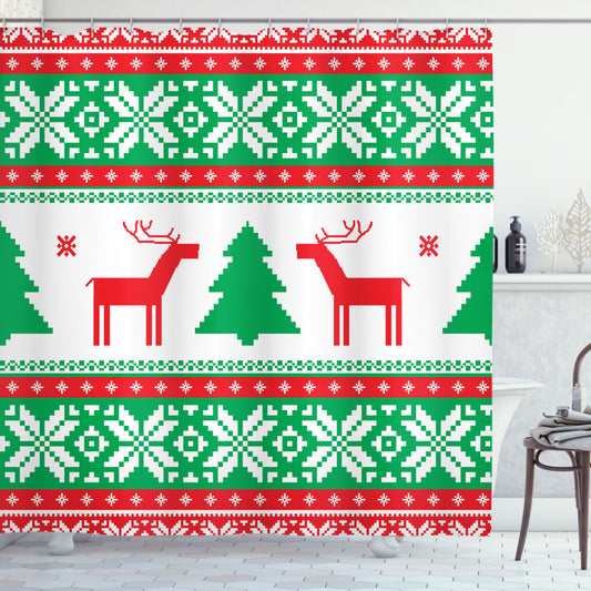 Christmas Deer Shower Curtain: Featuring White, Green, and Red Holiday Season Elements