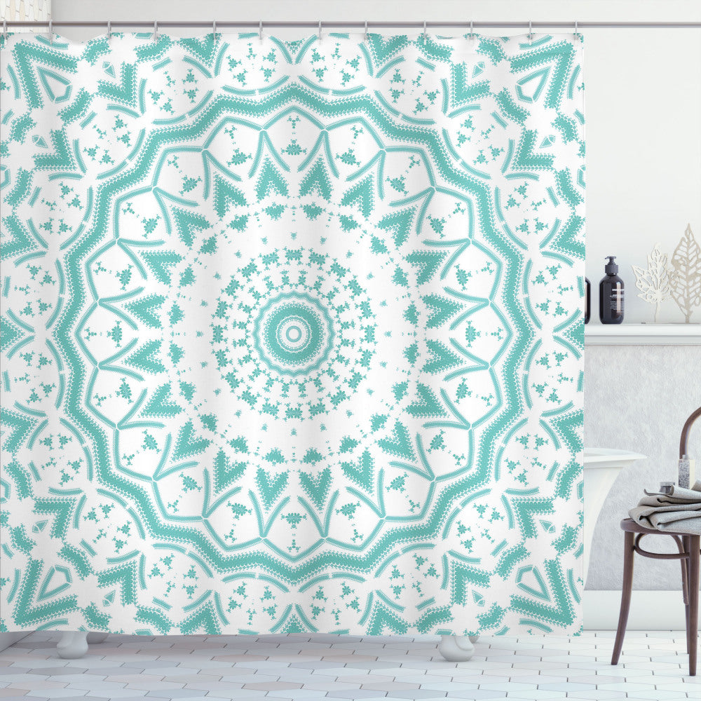 Aqua, Sea Green, and White Mandala Tie Dye Effect Shower Curtain