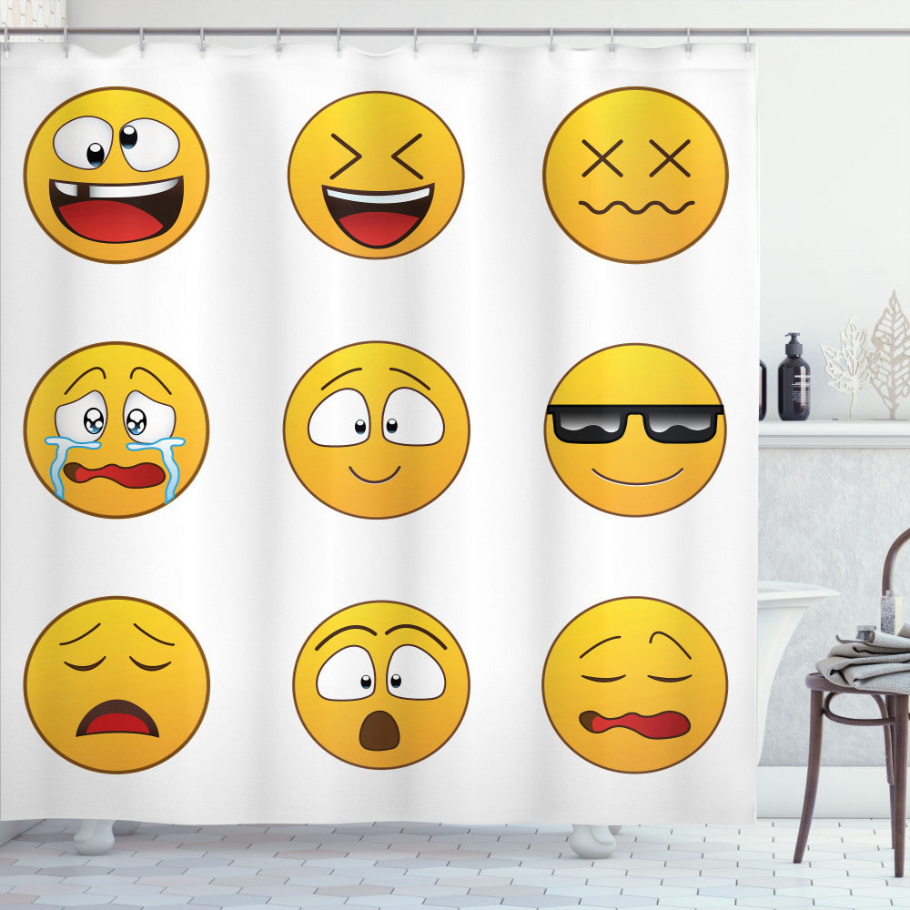 Vibrant Emoji Yellow Shower Curtain with Expressive Emoticons