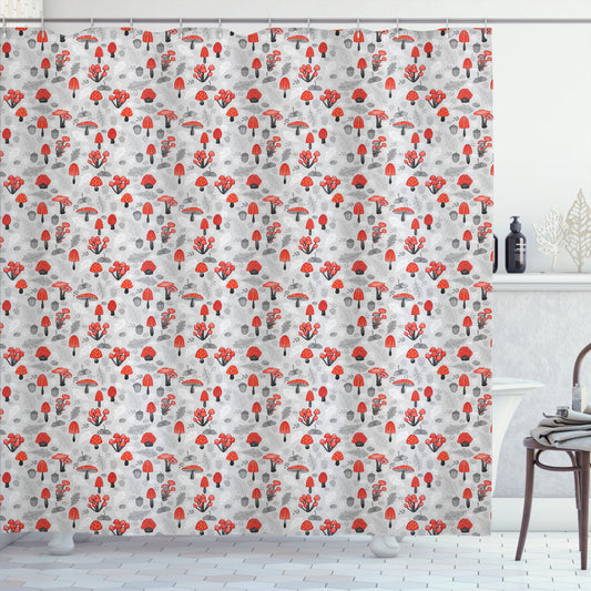 Woodland Mushroom Theme: Sketch Design in Vermilion, Pale Grey, and Grey for Shower Curtain