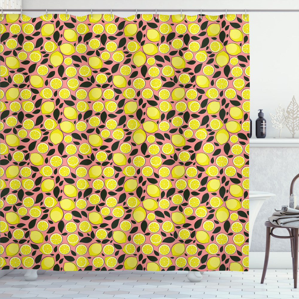 Vibrant Lemons and Coral Leaves on a Tasty Pastel Yellow and Charcoal Grey Shower Curtain