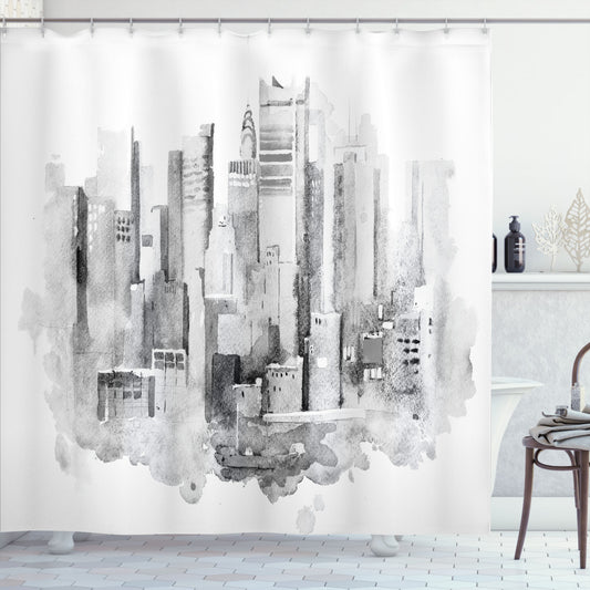 Watercolor NYC Scene Shower Curtain in Dark Grey, Pale Taupe, and Pale Grey Palette