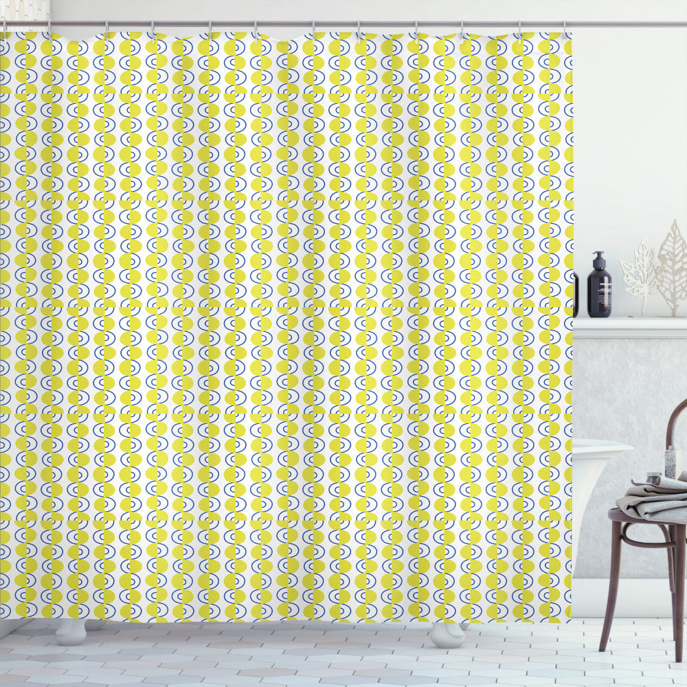 Vibrant Abstract Lines and Semicircles in Persian Blue and Yellow: A Refreshing Update for Your Bathroom with a Shower Curtain