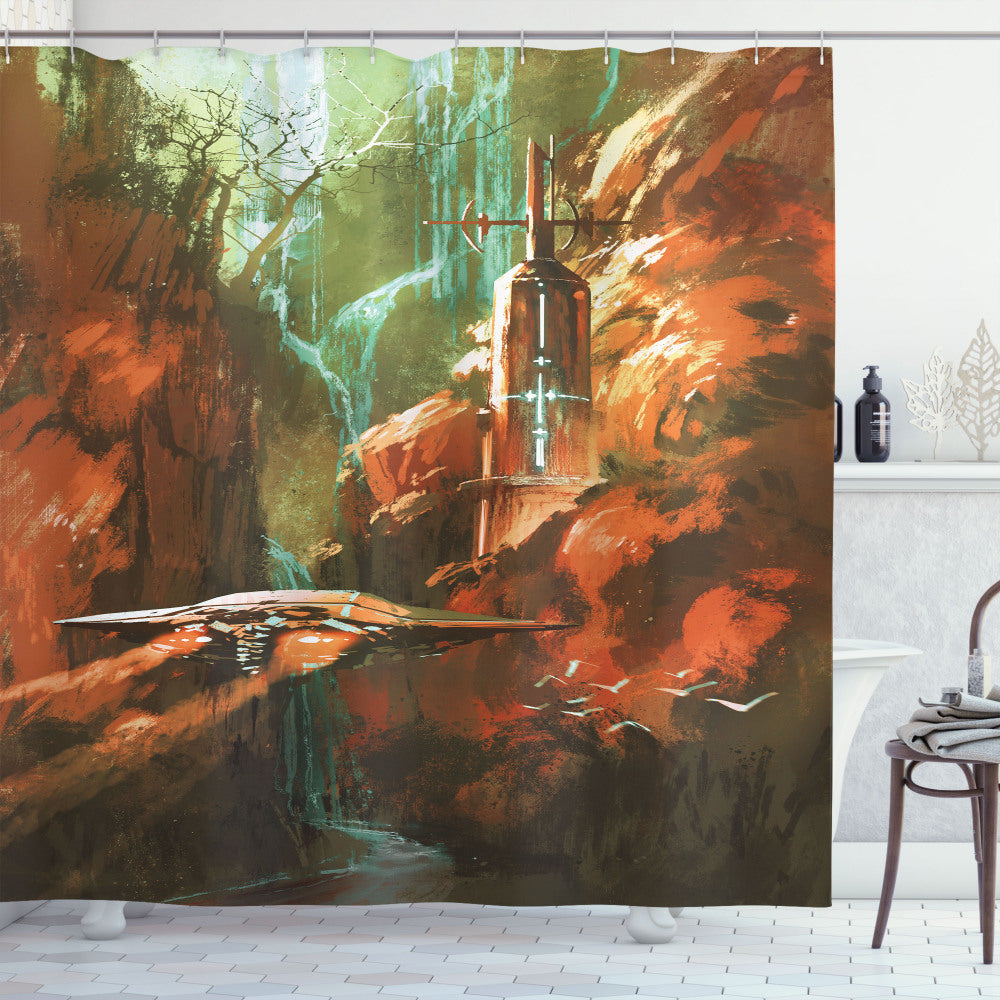 Brown Fantasy World Spaceship Canyon Shower Curtain