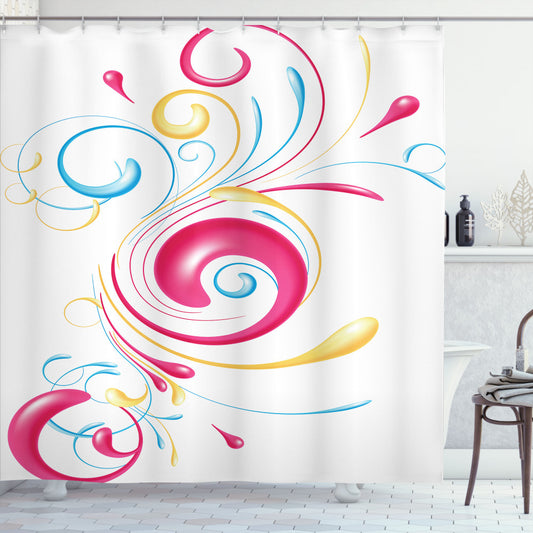 Abstract Azure Blue, Magenta, and Mustard Ink Splattered Droplets Shower Curtain