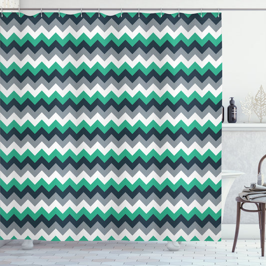 Chevron-inspired Symmetrical Arrows Stripe Design in Jade Green, White, and Grey - Stylish Shower Curtain