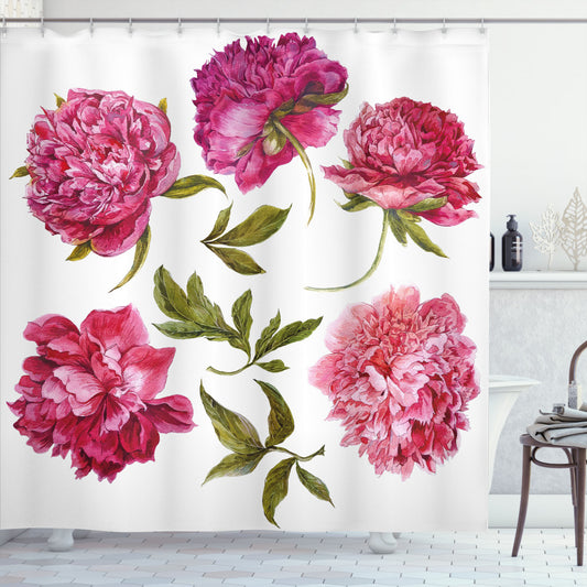 Vibrant Floral Shower Curtain in Olive Green, Magenta, Fuchsia, and Pink Tones