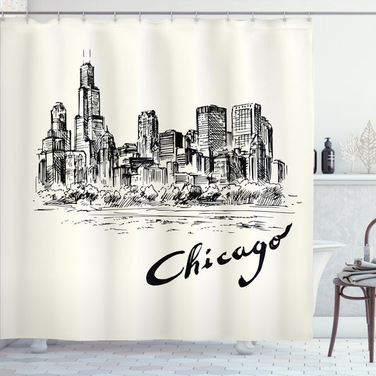 Vintage Sketch Chicago Skyline Black and Cream Shower Curtain