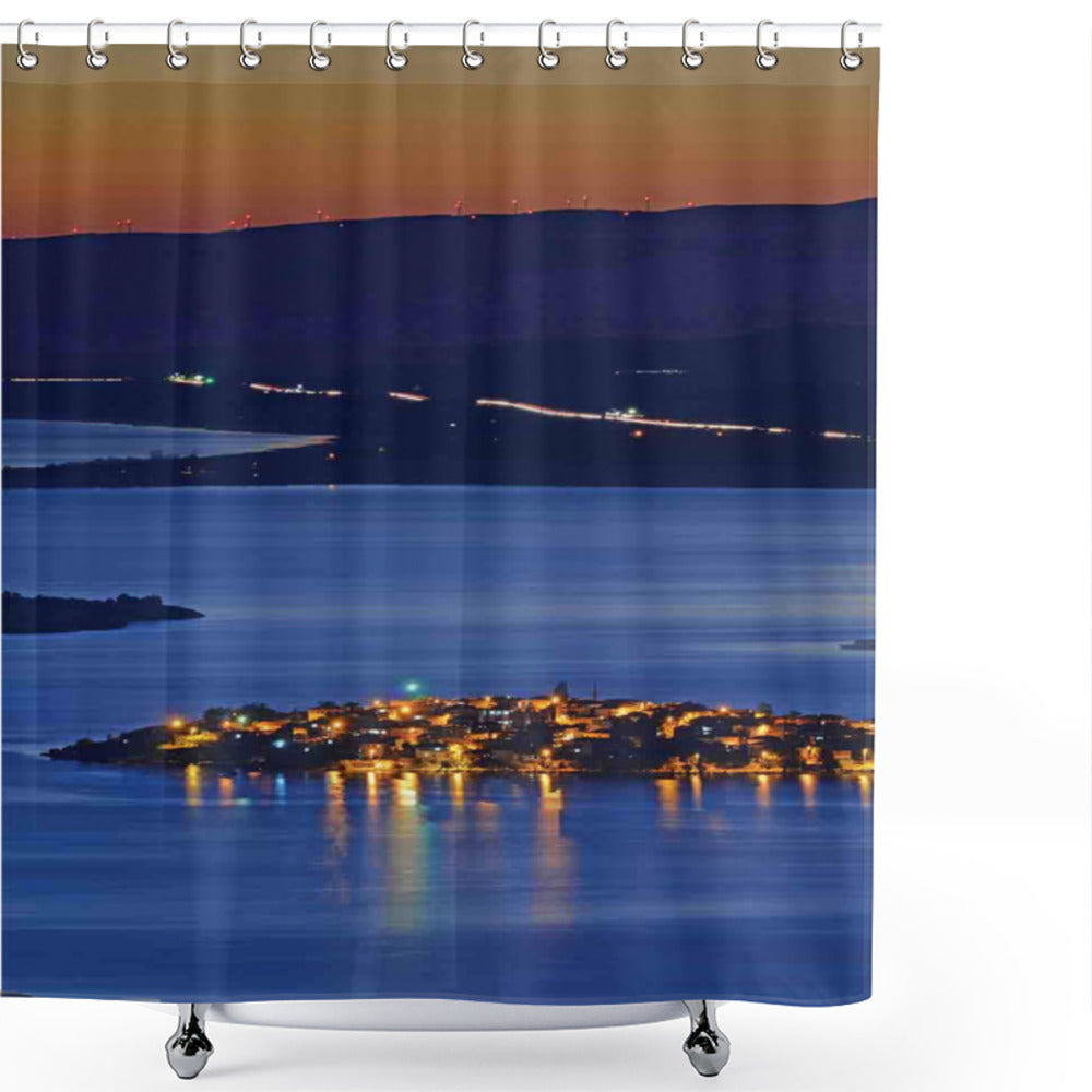 Beautifully Designed Little Island Village Bath Curtains in Landscape, Azure Blue, Indigo, and Persian Orange Themes