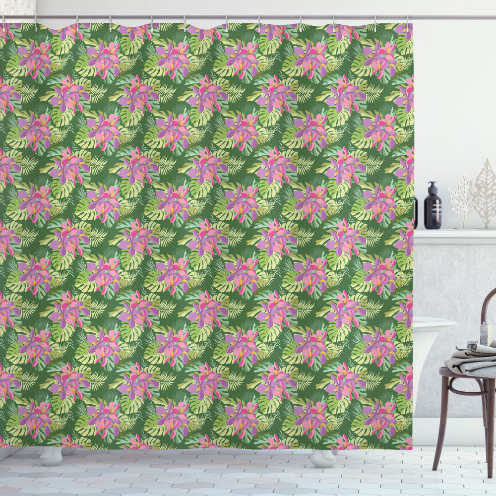 Tropical Flowers Palm Leaf Bath Curtain with Orchids, Fern Green, Fuchsia, and Pink Design