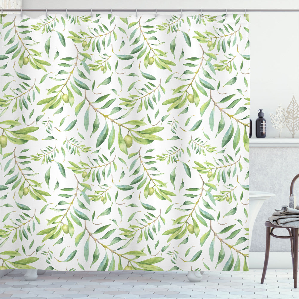 Transform Your Bathroom with Olive Tree Green Leaf, Avocado Green, Olive Green, and White Shower Curtains