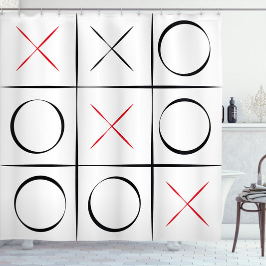 XO Game Inspired Bath Curtain in Vibrant Vermilion, White, and Black