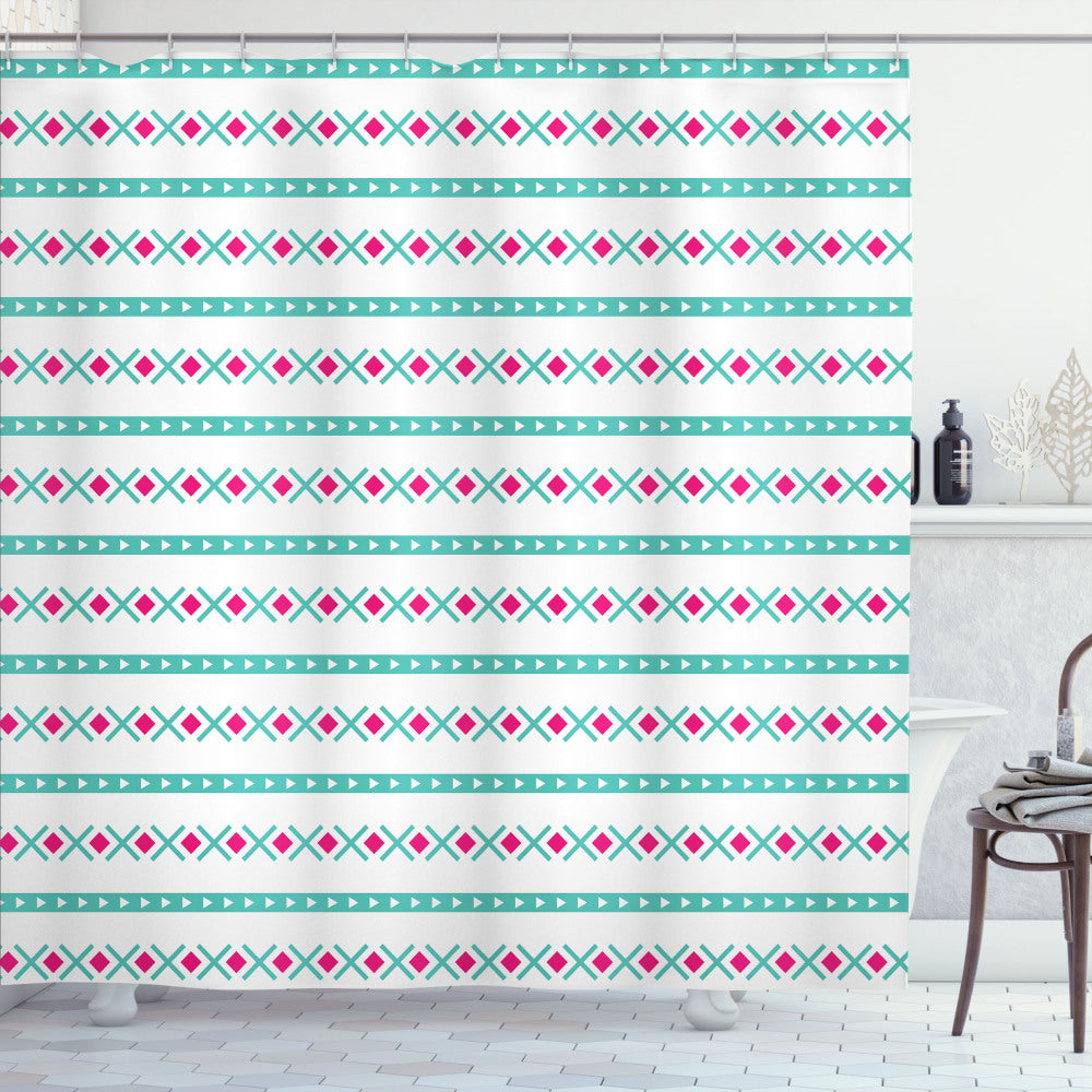 Aztec Inspired Minimal Horizontal Art Shower Curtain in Dark Seafoam, Magenta, and White Palette